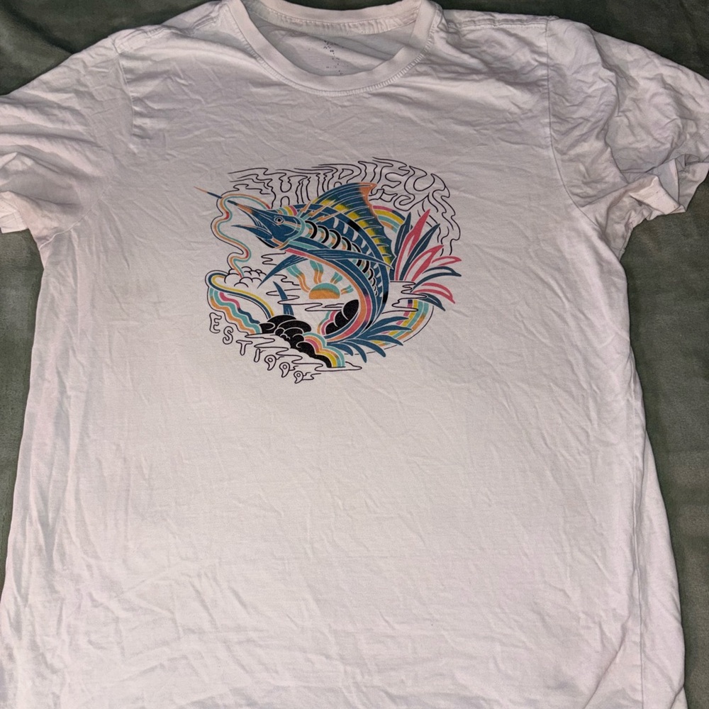 Hurley White Tee with Colorful Fish Graphic